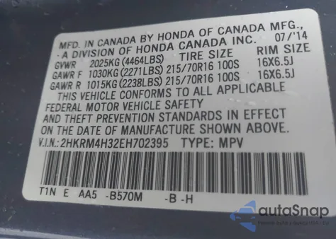 2014 Honda Cr-V Lx z USA, uszkodzony, nr VIN 2HKRM4H32EH702395